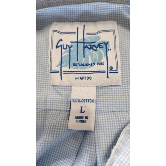 Guy Harvey Button Down Shirt L Blue Cotton Check Marlin Logo Coastal Fishing - Picture 4 of 9